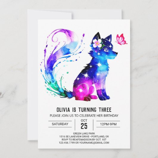 Bewerkbare Kleurrijke Wolf Digitale Meisje Verjaar Kaart (Voorkant)