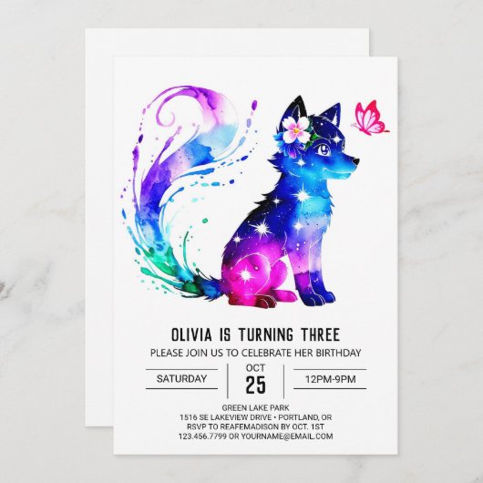 Bewerkbare Kleurrijke Wolf Digitale Meisje Verjaar Kaart (Voorkant / Achterkant)