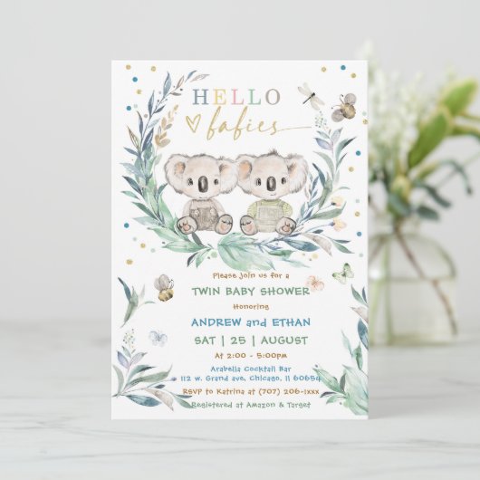 Bewerkbare Koala Twin Boy Douche Kaart (Staand voorkant)