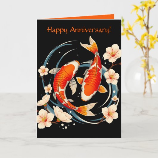 Bewerkbare Koi Fish Happy Jubileum Kaart (Gele Bloem)