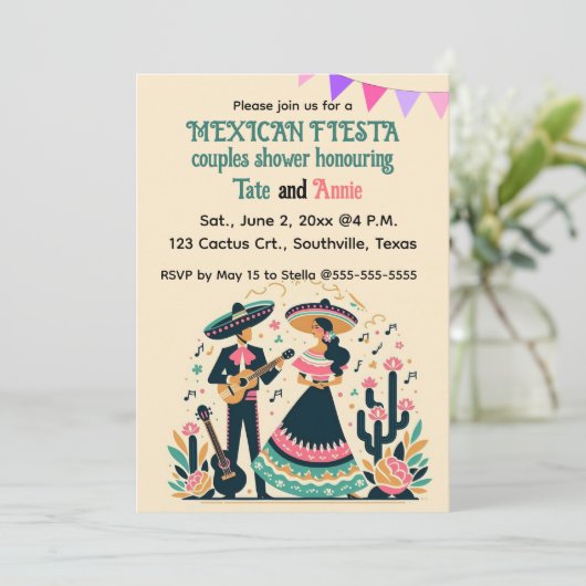 Bewerkbare Koppels Fiesta Douche Uitnodiging (Staand voorkant)