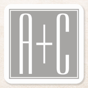 Bewerkbare Koppels Initialen   Wit & Grijs Kartonnen Onderzetters