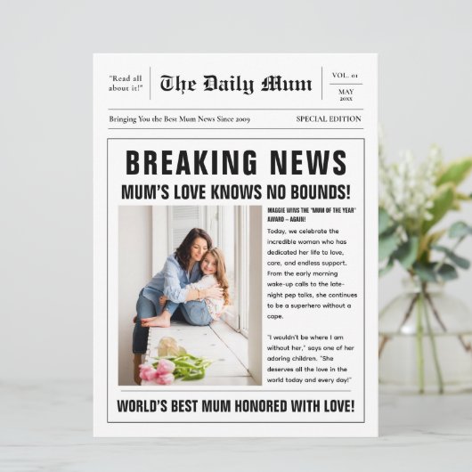 Bewerkbare krant Moederdag groet Kaart (Staand voorkant)