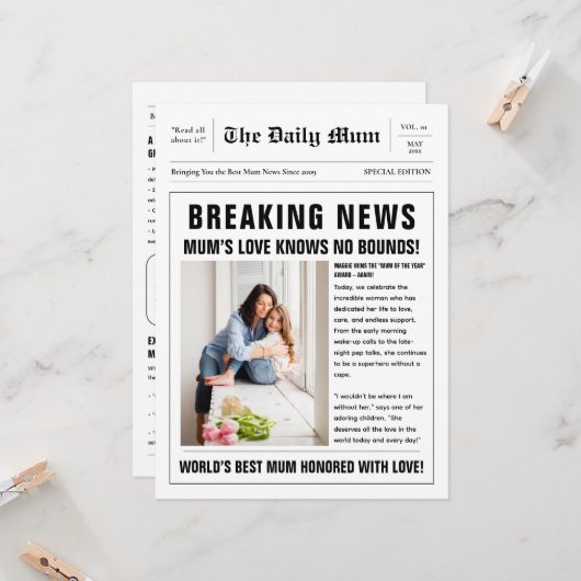 Bewerkbare krant Moederdag groet Kaart (Voorkant / Achterkant in situ)