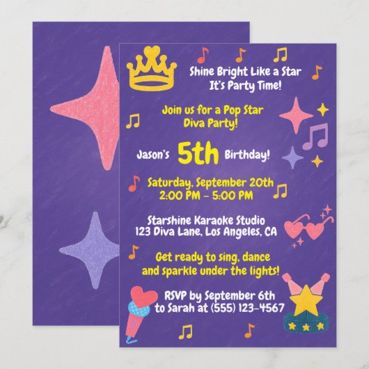 Bewerkbare Krijtstijl – Popster Diva Feestje Kaart (Voorkant / Achterkant)