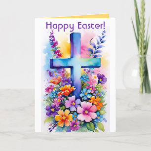 Bewerkbare Kruis en Bloemen Pasen Kaart