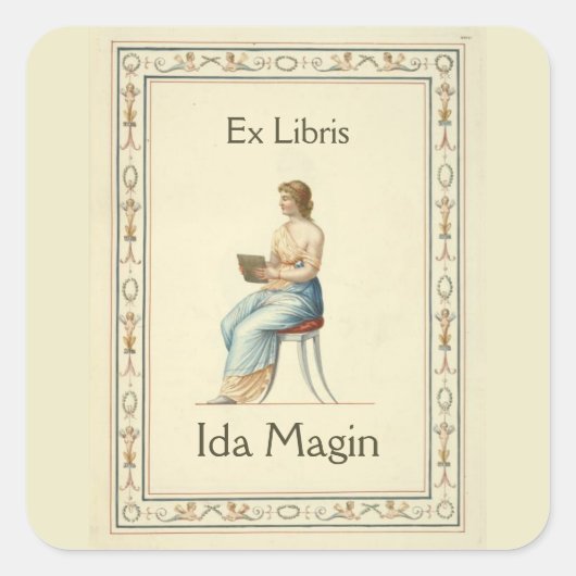 Bewerkbare  Lady op een kruk Bookplate Vierkante Sticker (Voorkant)