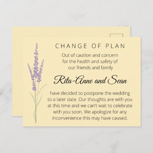 Bewerkbare Lavendel bruiloft verandering van plan Briefkaart (Voorkant / Achterkant)