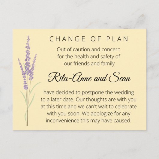 Bewerkbare Lavendel bruiloft verandering van plan Briefkaart (Voorkant)