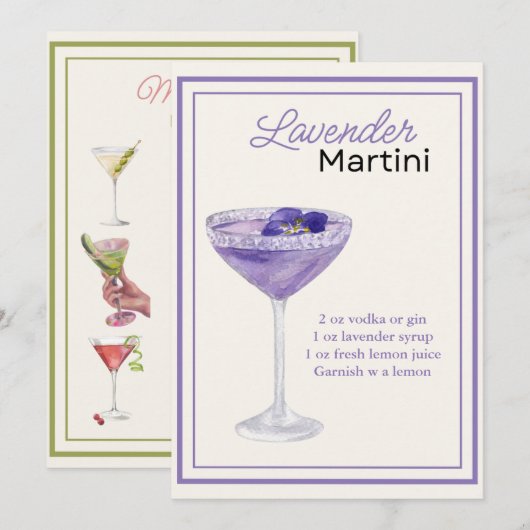 Bewerkbare Lavender Martini Recept Kaart (Voorkant / Achterkant)