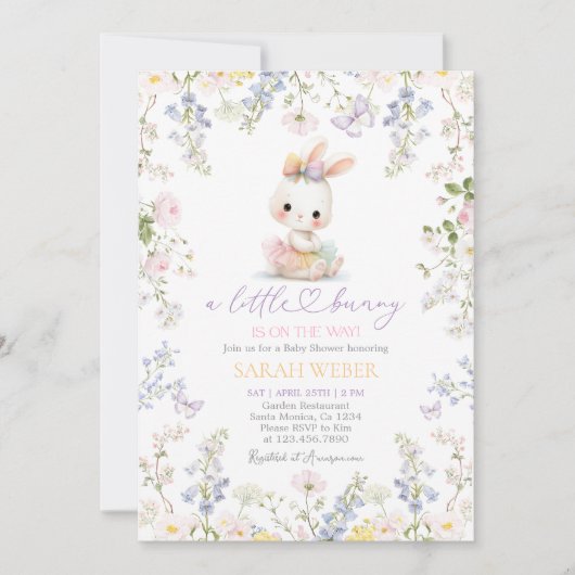 Bewerkbare lente konijn baby shower meisje kaart (Voorkant)