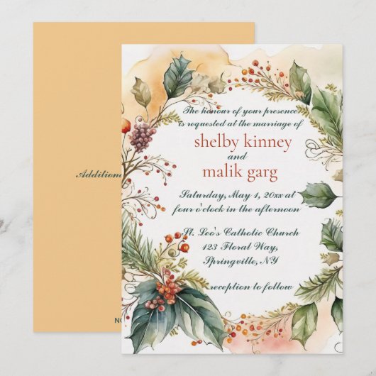 Bewerkbare lente krans bruiloft kaart (Voorkant / Achterkant)