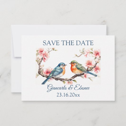 Bewerkbare Liefdesvogels Save The Date Kaart (Voorkant)