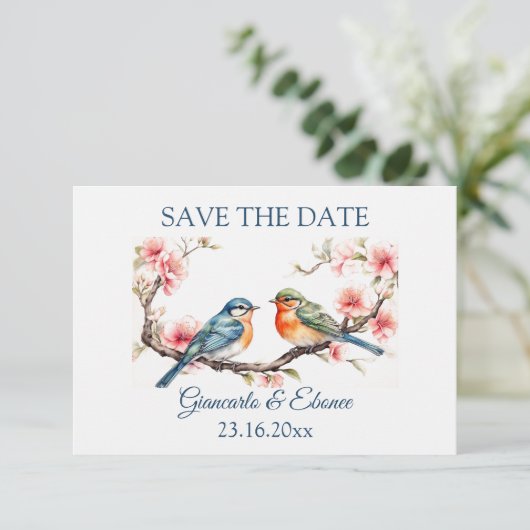 Bewerkbare Liefdesvogels Save The Date Kaart (Staand voorkant)