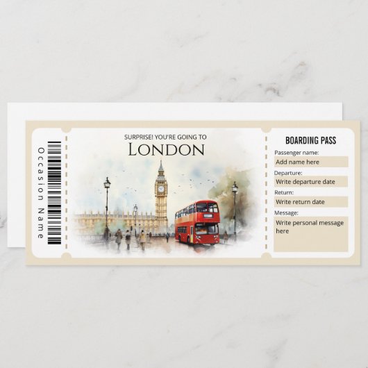 Bewerkbare London Plane Boarding Pass Ticket Kaart (Voorkant / Achterkant)