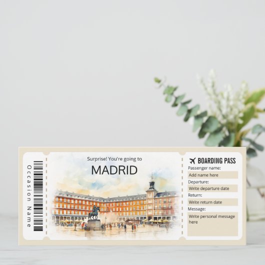 Bewerkbare Madrid Boarding Pass Spanje Vliegticket Kaart (Staand voorkant)