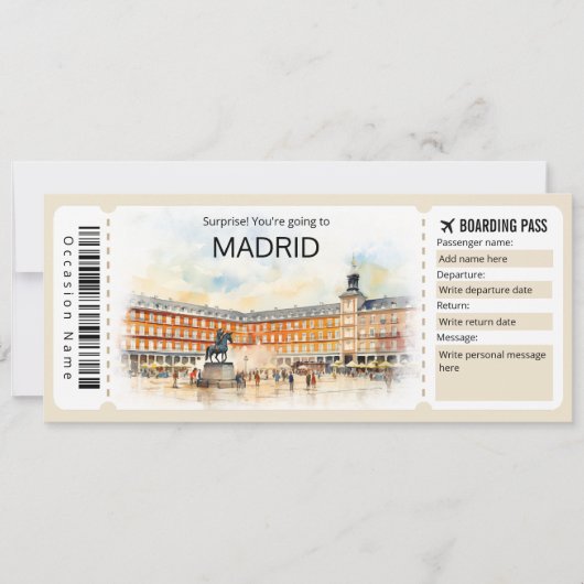 Bewerkbare Madrid Boarding Pass Spanje Vliegticket Kaart (Voorkant)