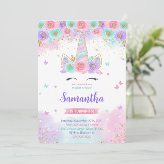 Bewerkbare Magische Eenhoorn Verjaardagsuitnodigin Kaart (Staand voorkant)