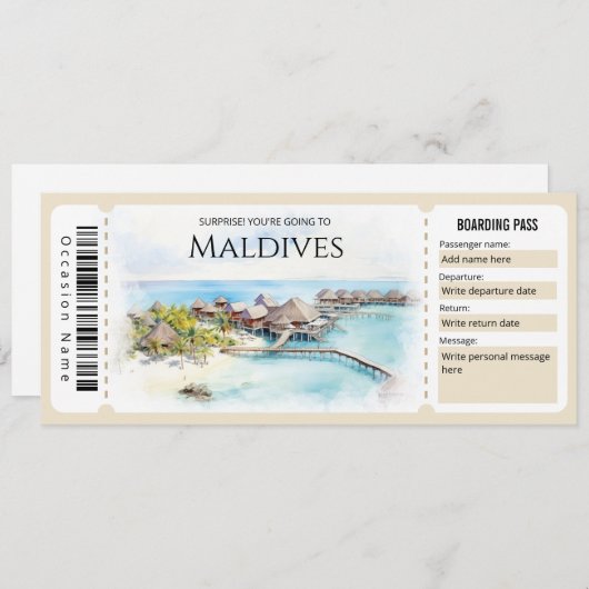 Bewerkbare Maldiven vliegtuig instapkaart ticket Kaart (Voorkant / Achterkant)