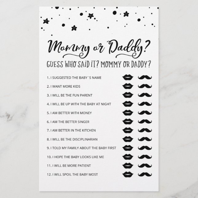 Bewerkbare mama of papa babyshower-feestspel (Voorkant)
