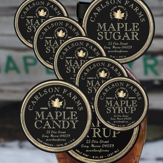 Bewerkbare Maple Syrup Fancy Border Zwart en Goud Ronde Sticker
