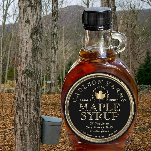 Bewerkbare Maple Syrup Fancy Border Zwart en Goud Ronde Sticker