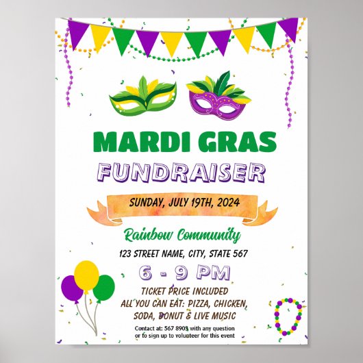 Bewerkbare Mardi Gras Fundraiser Flyer Poster (Voorkant)