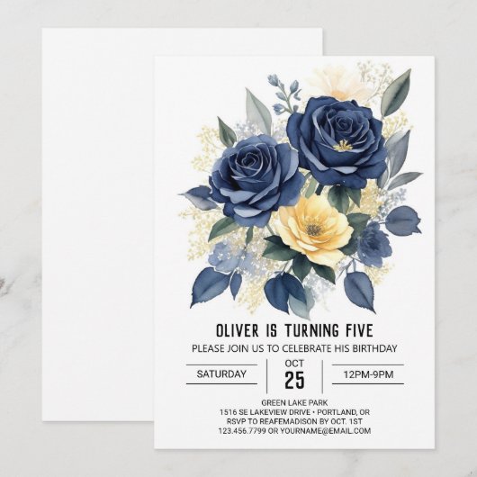 bewerkbare marineblauwe bloemen verjaardag kaart (Voorkant / Achterkant)