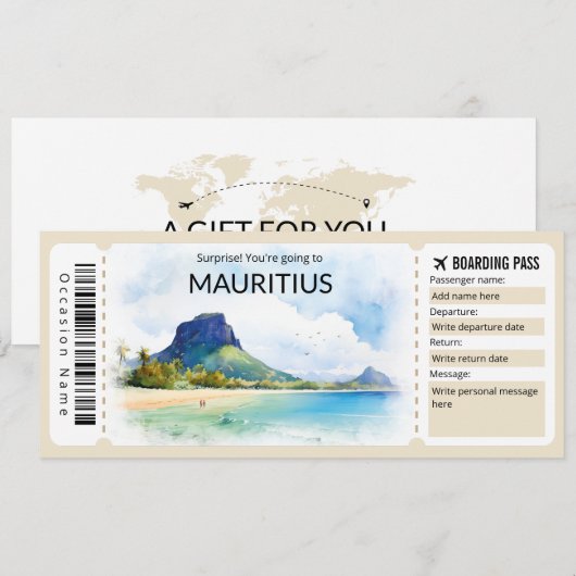 Bewerkbare Mauritius Boarding Pass Vliegticket Kaart (Voorkant / Achterkant)
