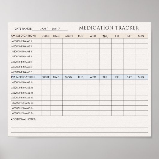 Bewerkbare Medication Tracker Printable Downloadba Poster (Voorkant)