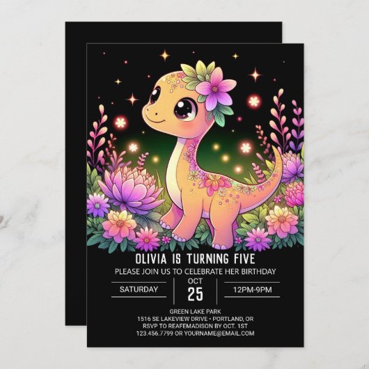 Bewerkbare meisje dinosaurus digitale verjaardag kaart (Voorkant / Achterkant)