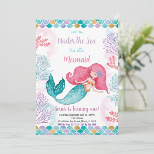 Bewerkbare Meisjes Ocean Theme Party Kaart met Sta (Staand voorkant)