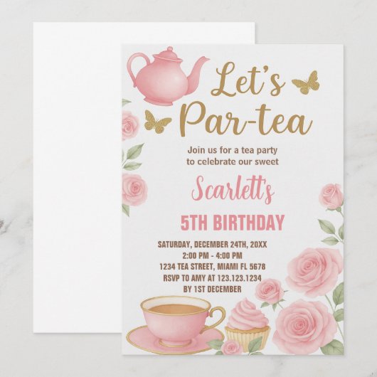 Bewerkbare Meisjes Tea Party Uitnodigen Kaart (Voorkant / Achterkant)