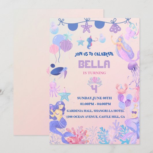 Bewerkbare Mermaid verjaardagsuitnodiging Kaart (Voorkant / Achterkant)