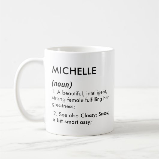 Bewerkbare Michelle naam definitie, aangepaste naa Koffiemok (Links)