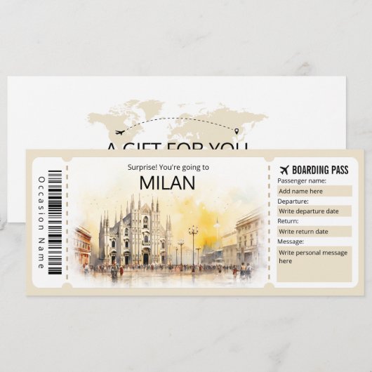 Bewerkbare Milan Boarding Pass Italia Vliegticket Kaart (Voorkant / Achterkant)