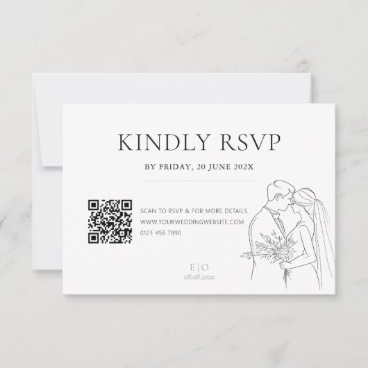 Bewerkbare Minimalistische Wedding Line Art QR-cod RSVP Kaartje (Voorkant)