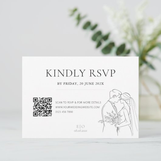 Bewerkbare Minimalistische Wedding Line Art QR-cod RSVP Kaartje (Staand voorkant)