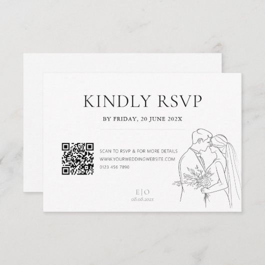 Bewerkbare Minimalistische Wedding Line Art QR-cod RSVP Kaartje (Voorkant / Achterkant)