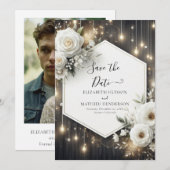 Bewerkbare minimalistische witte rozen bruiloft save the date (Voorkant / Achterkant)