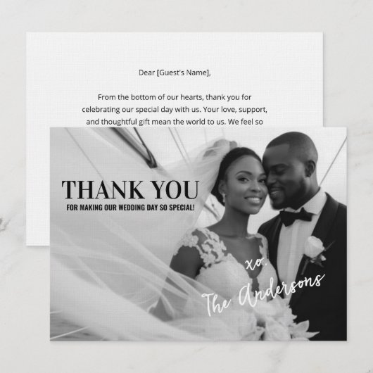 Bewerkbare moderne minimalistische trouwfoto bedankkaart (Voorkant / Achterkant)