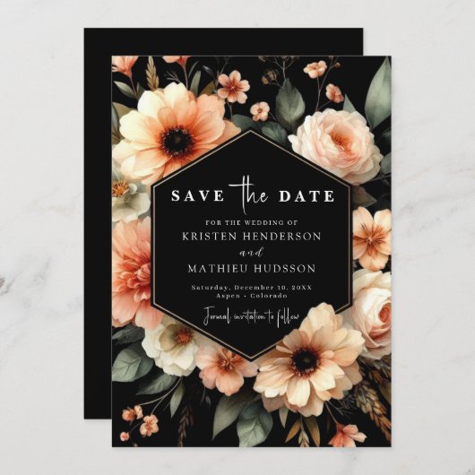 Bewerkbare moderne perzik bruiloft save the date (Voorkant / Achterkant)