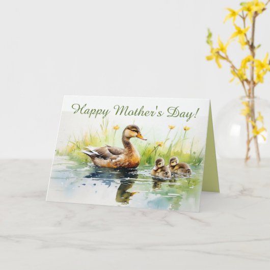 Bewerkbare Moeder Eend en Kuikentjes Moederdag Kaart (Gele Bloem)