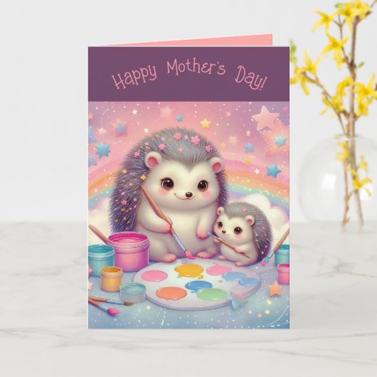 Bewerkbare Moeder en Baby Hedgehogs Moederdag Kaart (Gele Bloem)