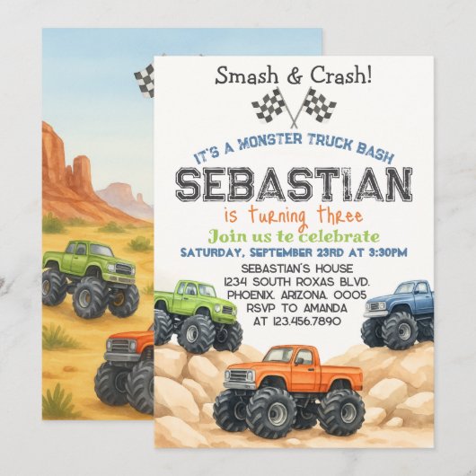 Bewerkbare Monster Truck Verjaardag Uitnodiging Sj (Voorkant / Achterkant)