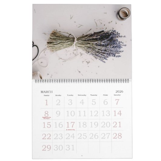 Bewerkbare mooie lavendel kalender (Mar 2026)