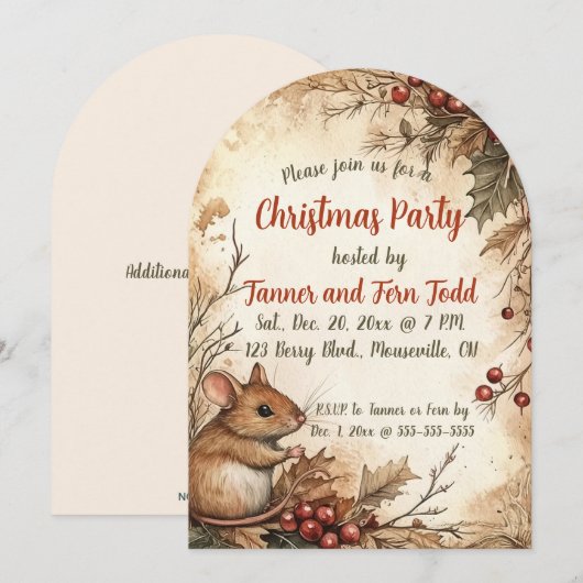 Bewerkbare muis en bessen kerstfeest kaart (Voorkant / Achterkant)
