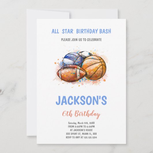 Bewerkbare Multi-Sport Party Uitnodiging voor Jong (Voorkant)