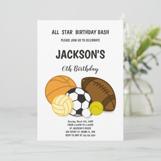 Bewerkbare Multi-Sport Party Uitnodiging voor Jong (Staand voorkant)