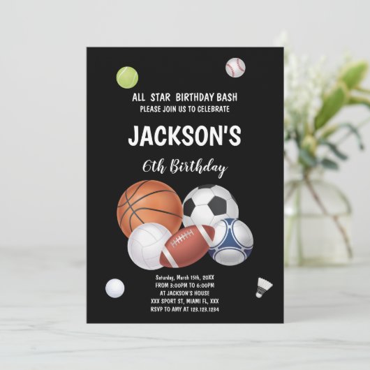 Bewerkbare Multi-Sport Party Uitnodiging voor Jong (Staand voorkant)